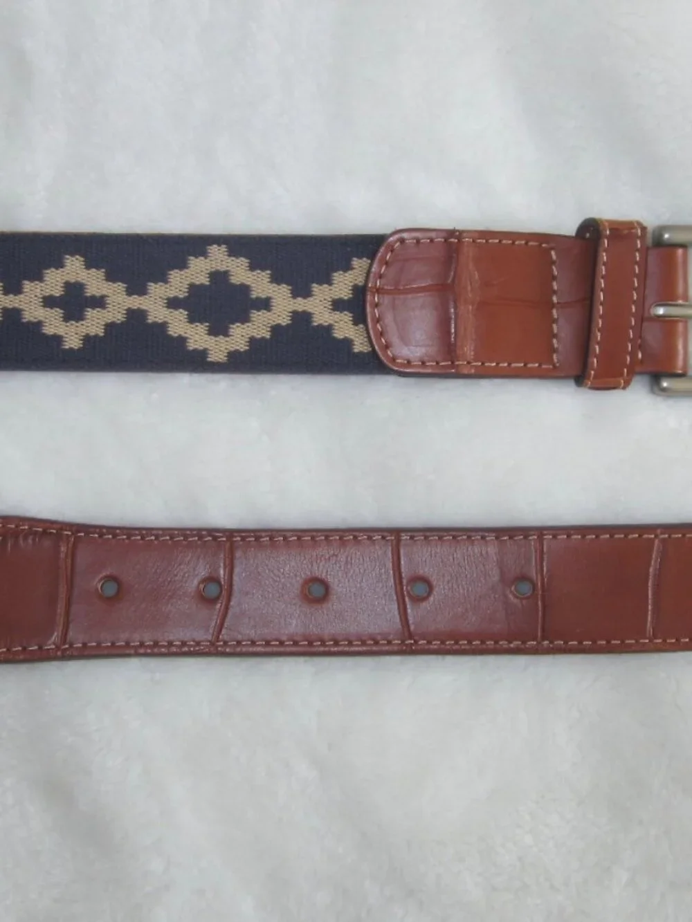 Brown Leather & Navy Patterned Men's Belt